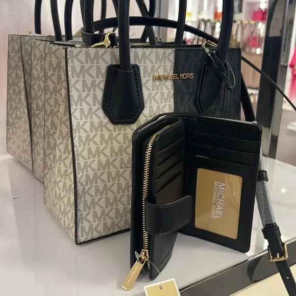 Michael Kors Mercer Medium Two-Tone Logo Messenger & MK JST Md Bifold Zip Wallet - Picture 9 of 16